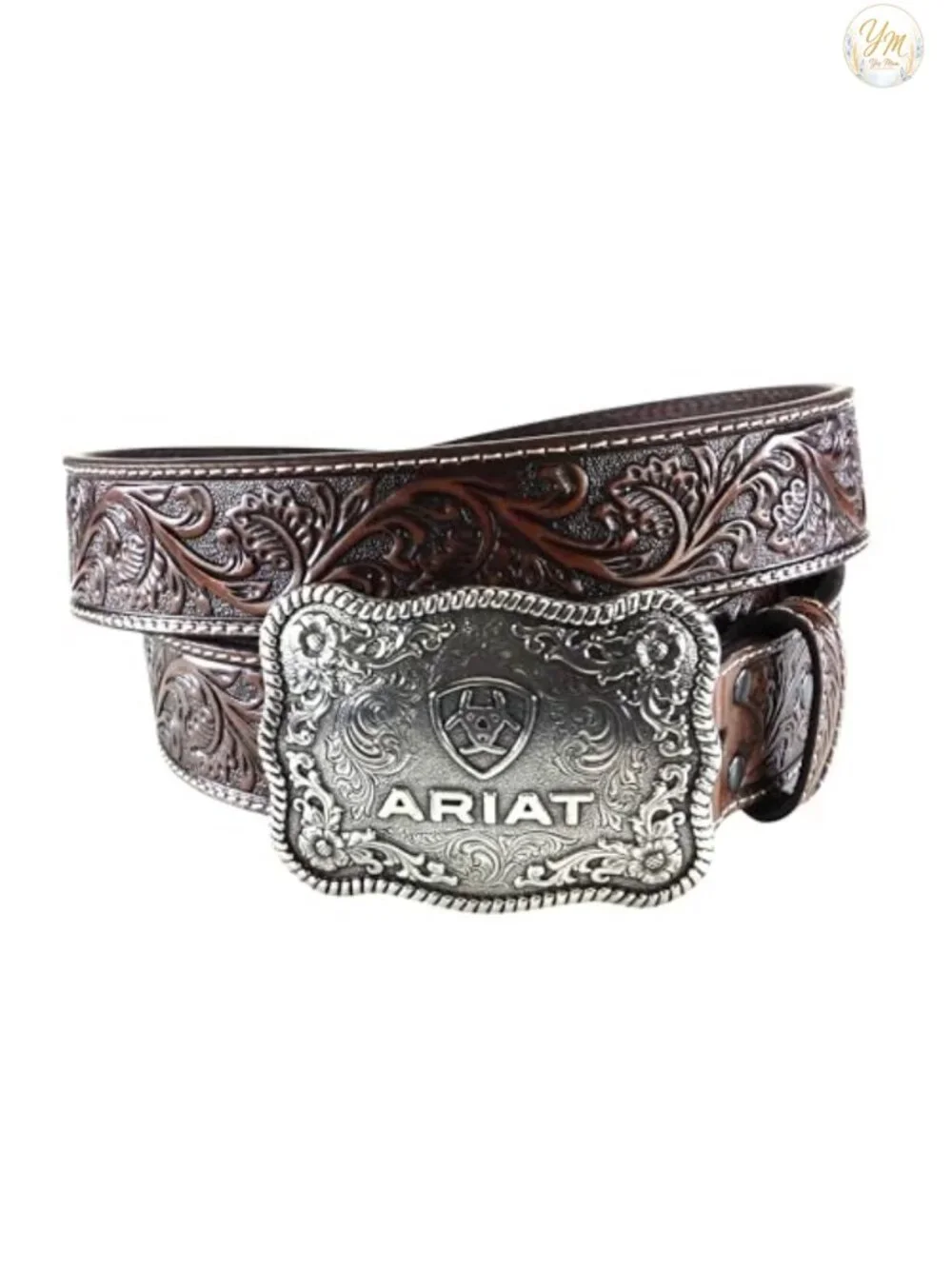 Floral Embossed Leather Western Belt with Antiqued Silver Cowboy Buckle, 1-1/2